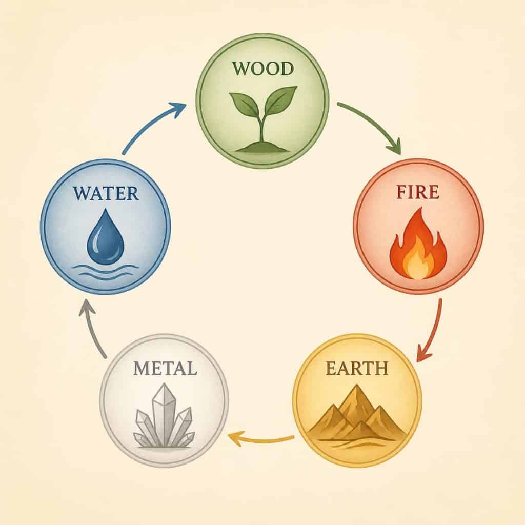 Five Elements chart showing Wood, Fire, Earth, Metal and Water in a cycle