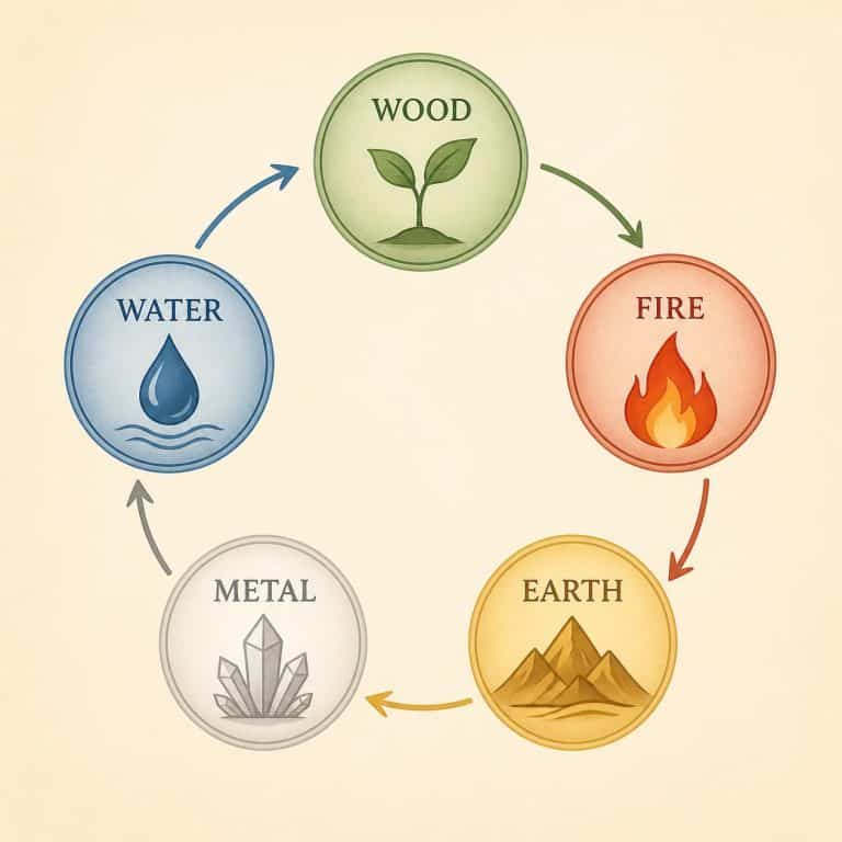 Five Elements chart showing Wood, Fire, Earth, Metal and Water in a cycle